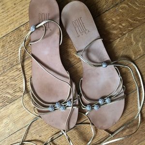 Gold Leather Sandals with Rhinestones- Pelle Sz 8.5